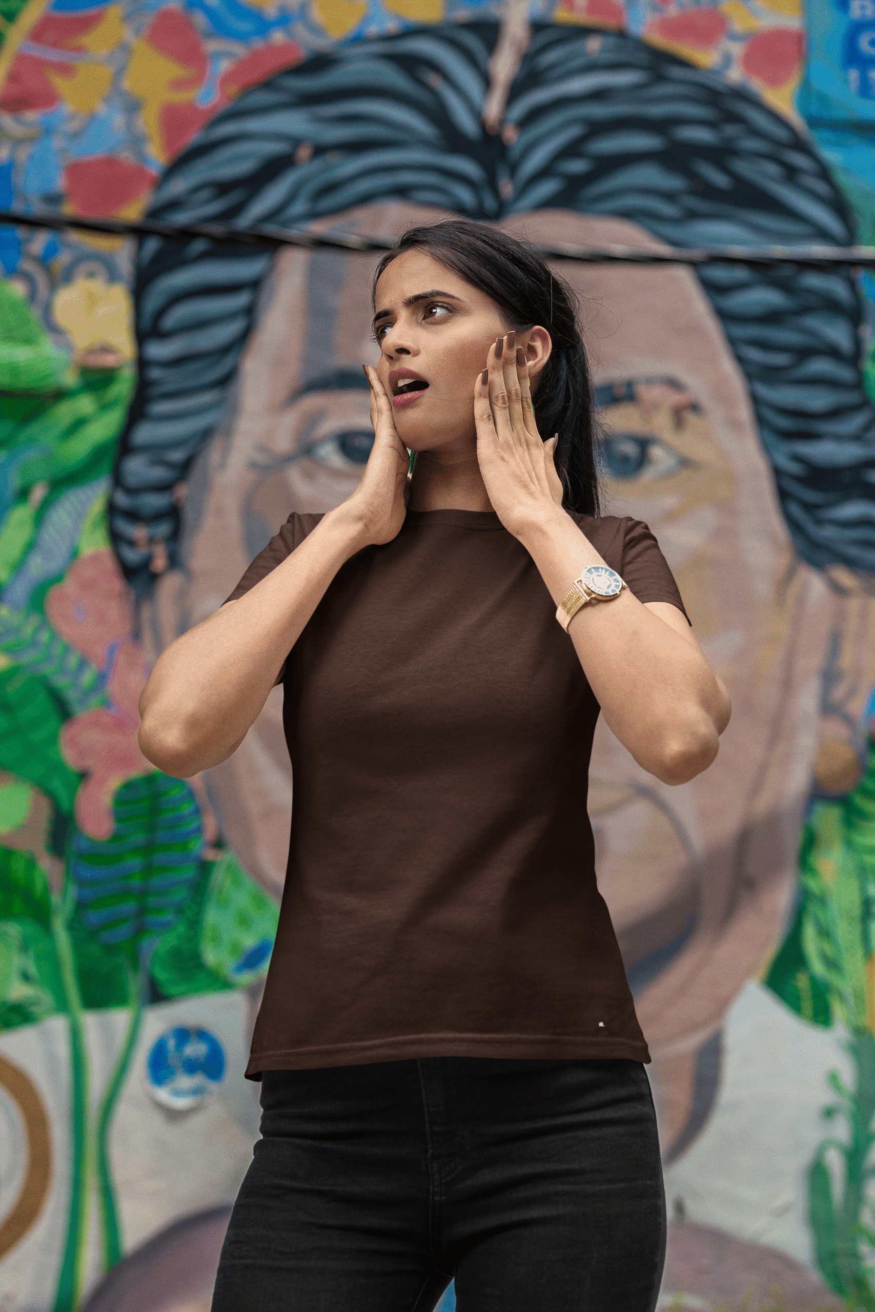 gildan-t-shirt-mockup-featuring-a-woman-looking-shocked-on-the-street-m39198 Coffee Brown Short sleeve t-shirt for women (2)