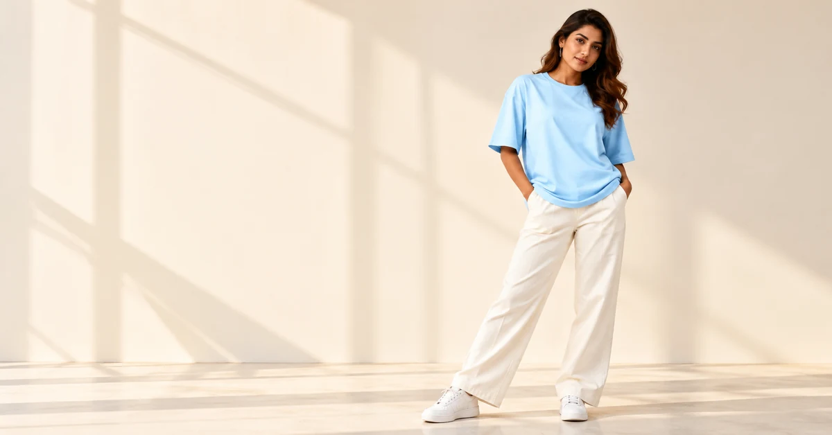 Woman styling a baby blue oversized T-shirt with cream wide-leg trousers in a bright minimalist studio