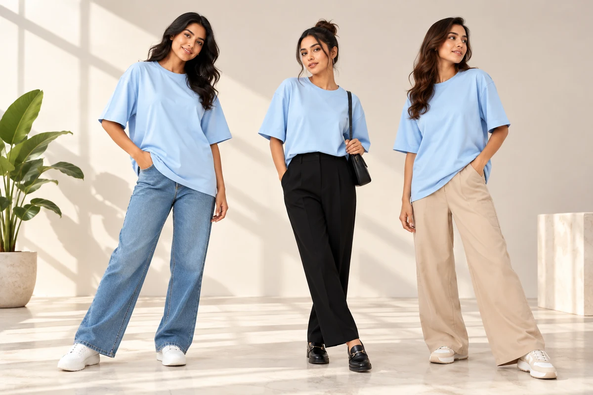 Three women styling baby blue T-shirts with blue denim, black trousers and beige pants in a bright studio