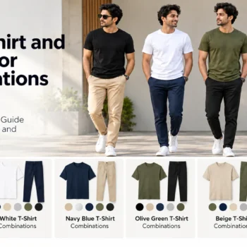 Men wearing black, white, olive and navy T-shirts with complementary pants in a colour combination style guide