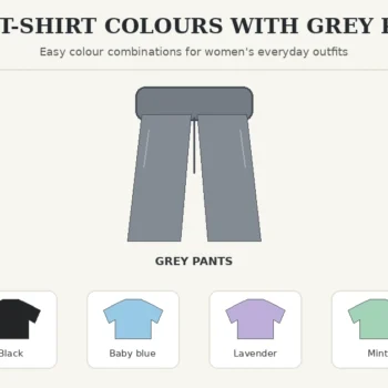 Colour guide showing grey trousers paired with white, black, baby blue, lavender, mint and maroon T-shirts