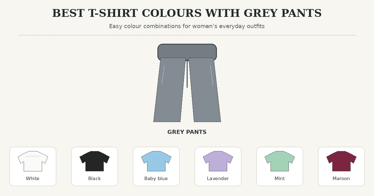 Colour guide showing grey trousers paired with white, black, baby blue, lavender, mint and maroon T-shirts