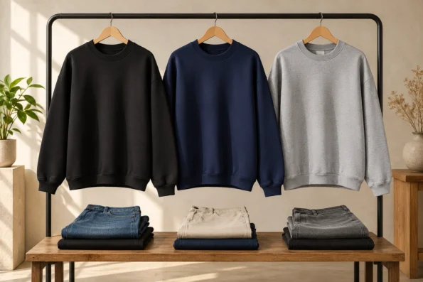 Black, navy and grey oversized sweatshirts arranged with coordinating denim and neutral trousers