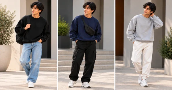 Black, navy and grey oversized sweatshirt outfits in a clean streetwear lookbook