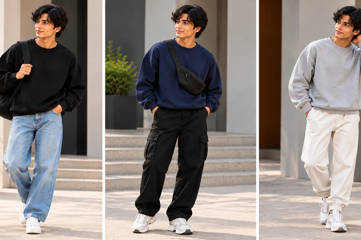 Oversized black, navy and grey sweatshirts styled with casual trousers in a streetwear lookbook