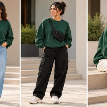 Bottle green oversized sweatshirt styled with black cargo trousers, blue denim and cream joggers