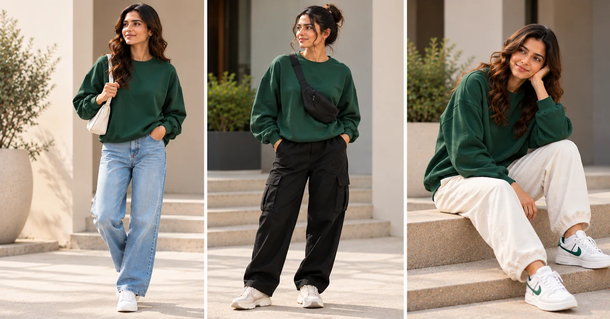 Bottle green oversized sweatshirt styled with black cargo trousers, blue denim and cream joggers