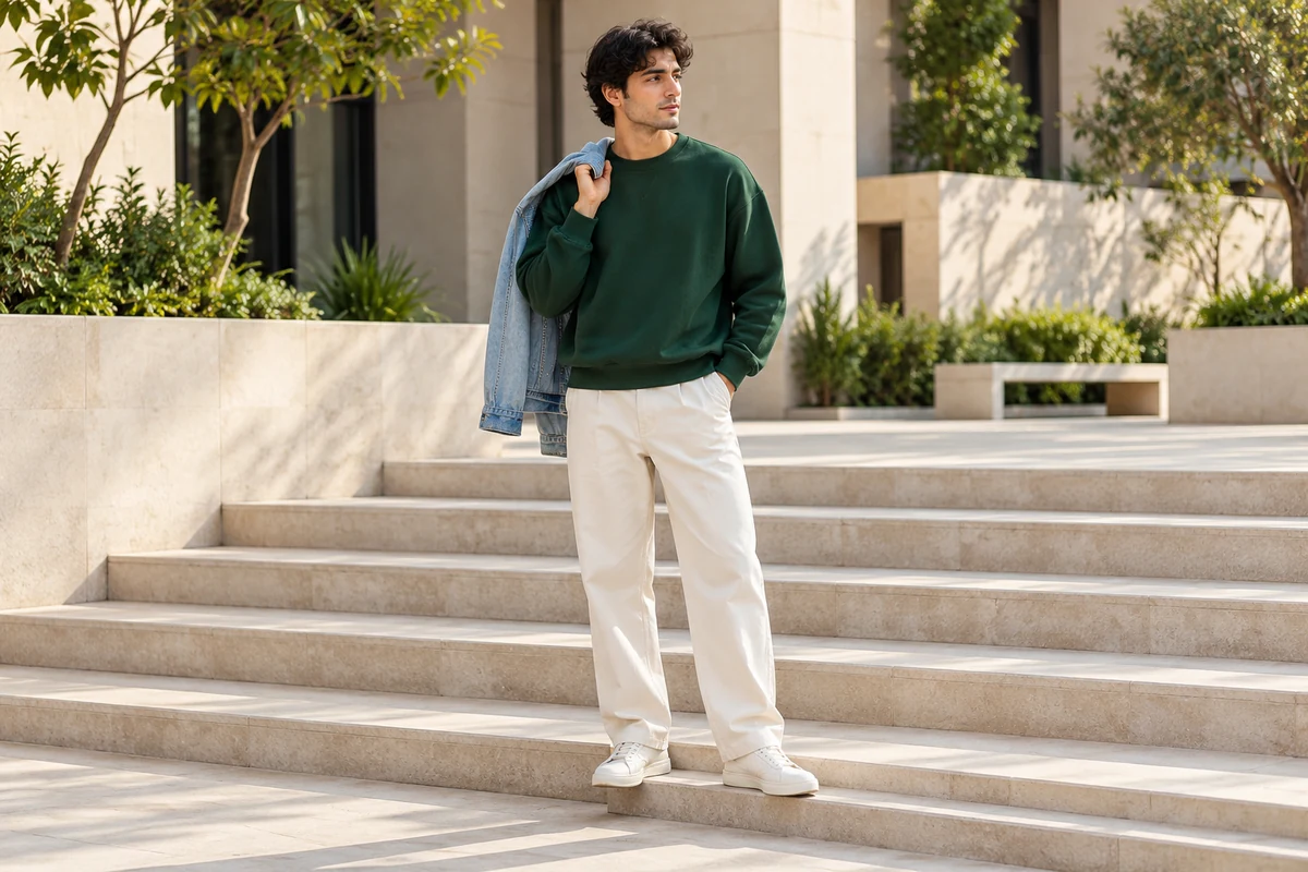 Woman wearing a bottle-green oversized sweatshirt with cream trousers, white sneakers and a light denim jacket