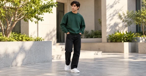 Man wearing a bottle-green oversized heavyweight sweatshirt with black relaxed-fit trousers and white sneakers in a modern courtyard
