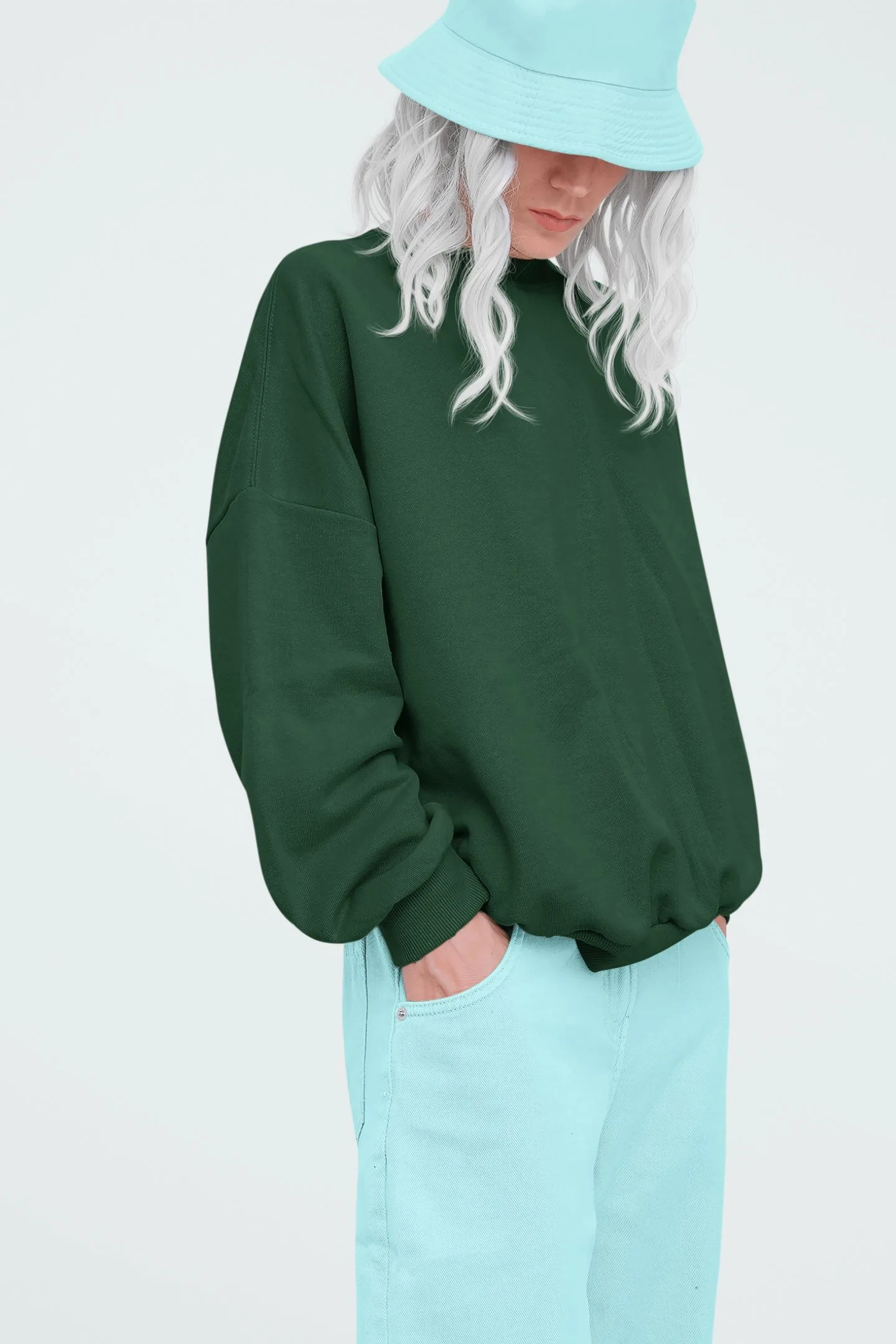 Bottle-green women's oversized heavyweight sweatshirt shown as a product styling reference