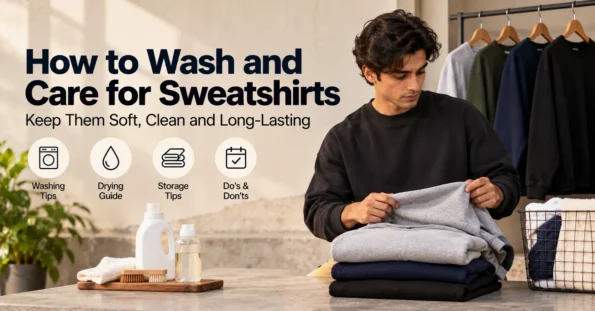 Grey sweatshirt being folded beside neatly stacked clothing and laundry supplies
