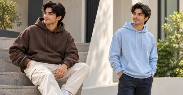 Fashion editorial comparing a brown heavyweight hoodie with a pastel blue lightweight hoodie