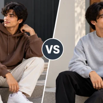 Editorial comparison of a brown oversized hoodie and a grey crewneck sweatshirt on two models