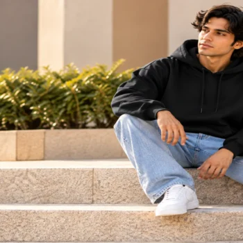 Man wearing a black hoodie with light-wash jeans and white sneakers for a casual everyday outfit