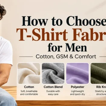 Men's T-shirt fabric guide showing a man in a white T-shirt alongside cotton, cotton blend, polyester and rib-knit fabric swatches