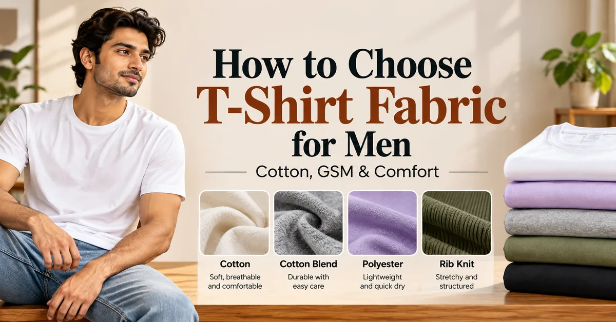 Men's T-shirt fabric guide showing a man in a white T-shirt alongside cotton, cotton blend, polyester and rib-knit fabric swatches
