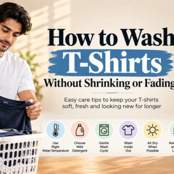 Laundry care guide showing a man sorting T-shirts, folded clean shirts and tips for washing without shrinking or fading