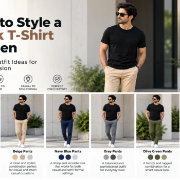 Men's casual outfit guide showing T-shirts paired with different denim washes and neutral trousers