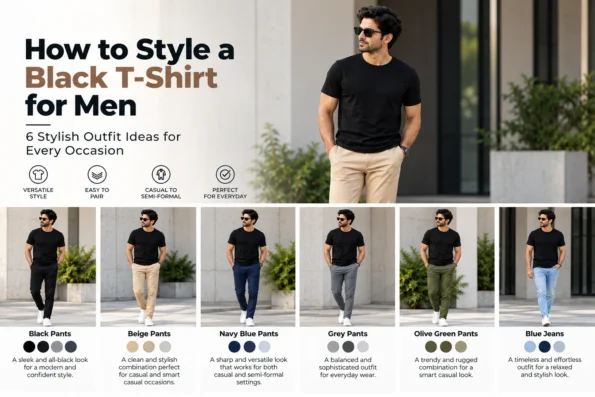 Men's casual outfit guide showing T-shirts paired with different denim washes and neutral trousers