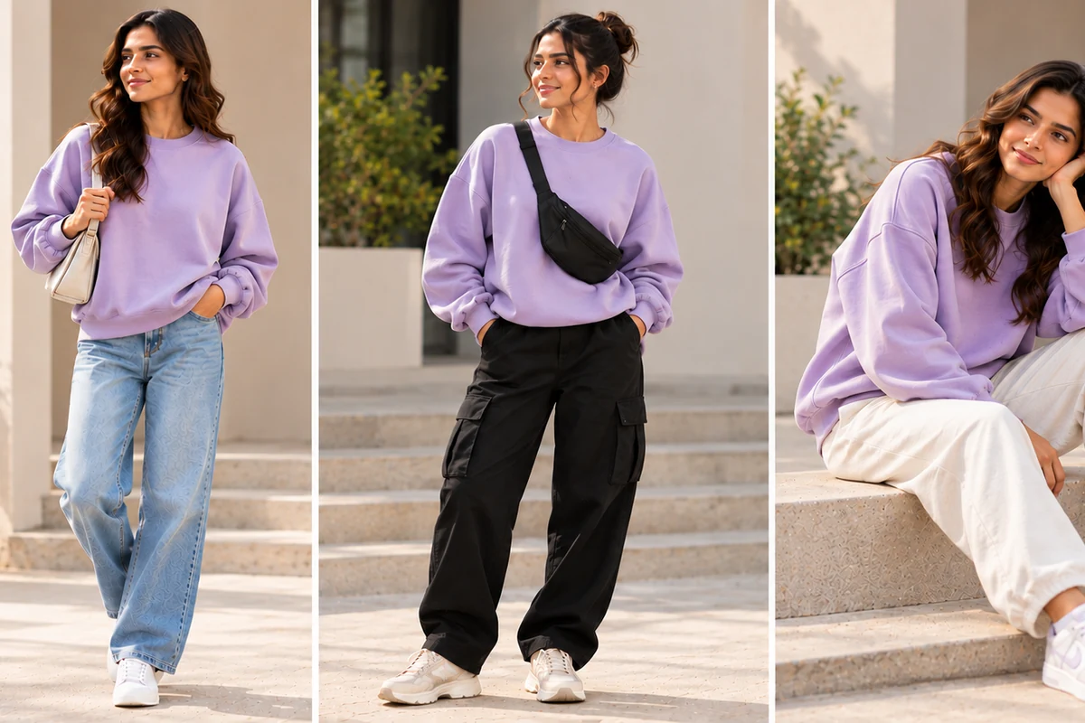 Lavender oversized sweatshirt styled with light denim, black cargo trousers and cream joggers
