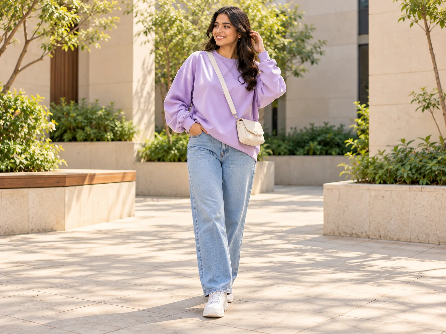 Woman wearing a lavender oversized sweatshirt with light-wash relaxed jeans, white sneakers and a cream crossbody bag