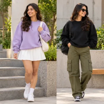 Streetwear lookbook featuring a lavender oversized sweatshirt with a white pleated skirt alongside neutral sweatshirt outfits