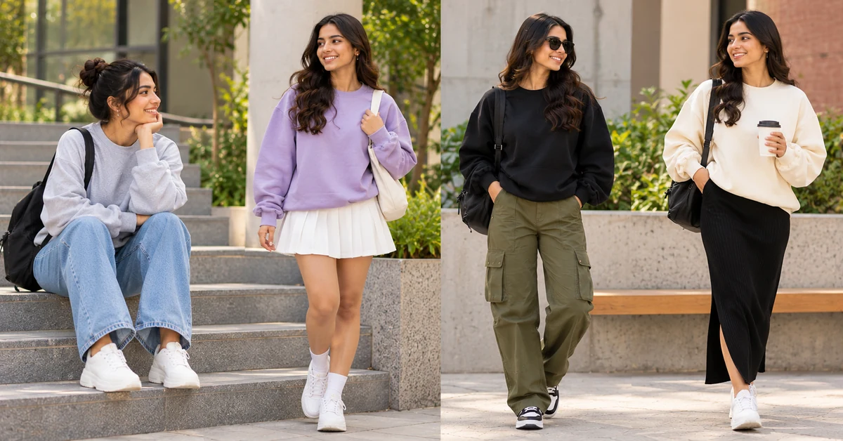Streetwear lookbook featuring a lavender oversized sweatshirt with a white pleated skirt alongside neutral sweatshirt outfits