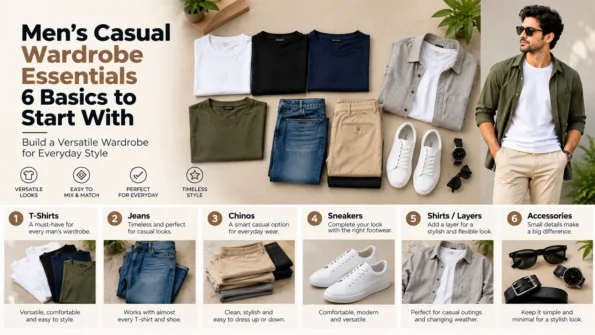 Versatile men's capsule wardrobe with plain T-shirts, jeans, chinos, lightweight layers and neutral sneakers