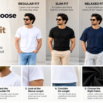 Men wearing versatile casual outfits with T-shirts, jeans, chinos, neutral sneakers and lightweight layers