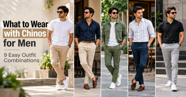 Men styling beige, navy and olive chinos with T-shirts, shirts and casual shoes