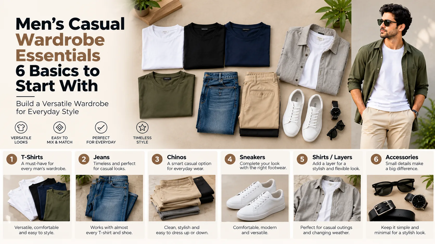 Men wearing lightweight T-shirts with shorts, chinos and jeans for casual summer outfits