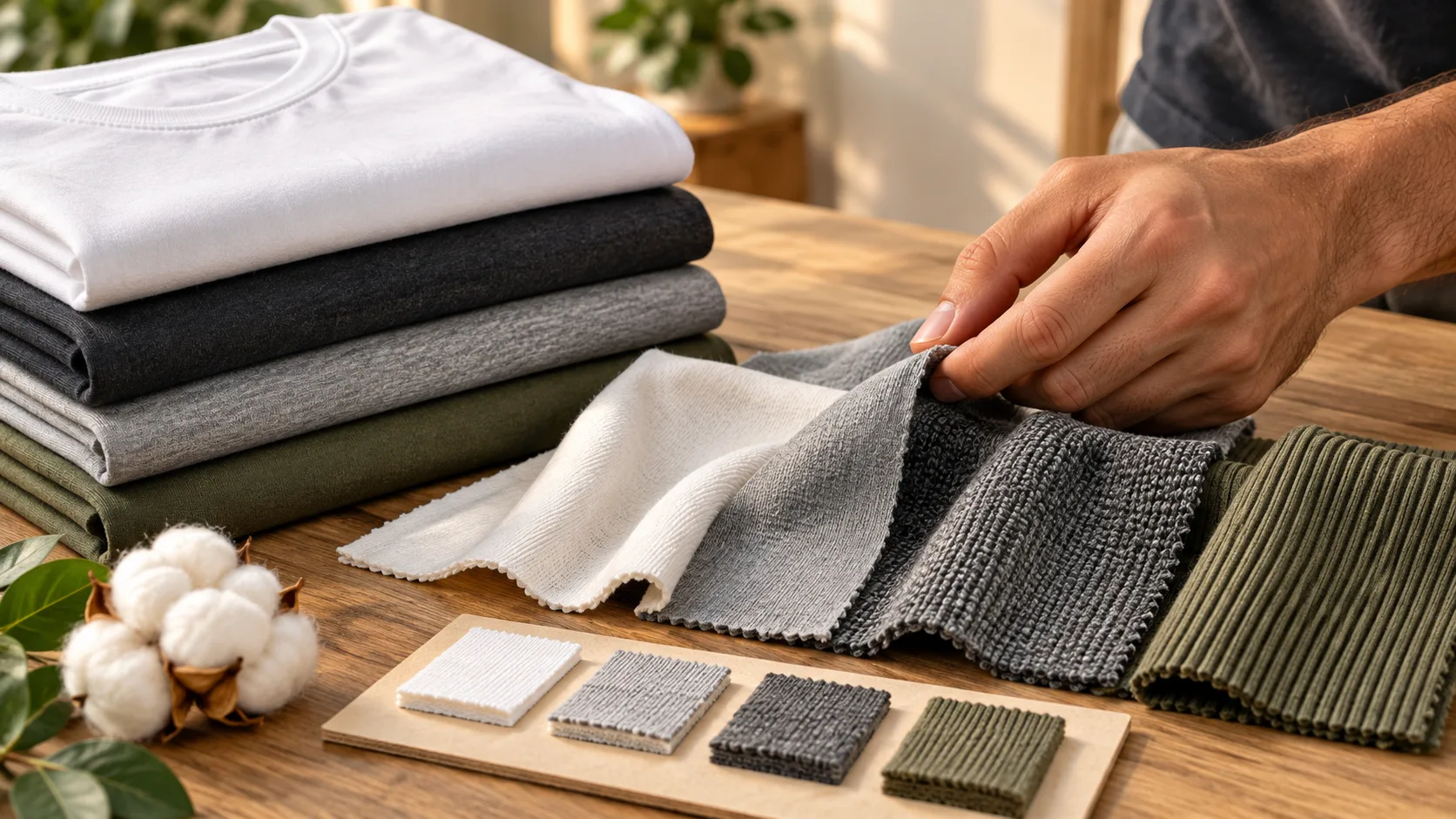 Folded men's T-shirts and cotton knit swatches in different weights and textures for comparing fabric quality and GSM