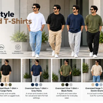 Men wearing oversized, regular and relaxed T-shirts with jeans, chinos, cargo pants and shorts