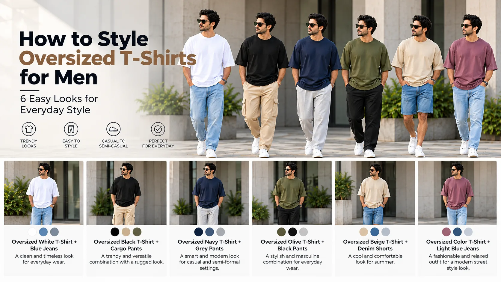 Men wearing oversized, regular and relaxed T-shirts with jeans, chinos, cargo pants and shorts