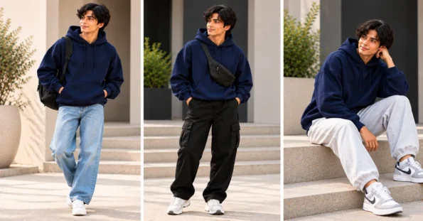 Navy blue oversized hoodie styled with light blue jeans, black cargo trousers and grey joggers
