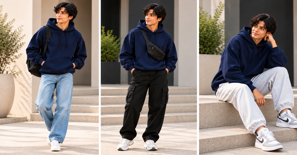 Navy blue oversized hoodie styled with light blue jeans, black cargo trousers and grey joggers