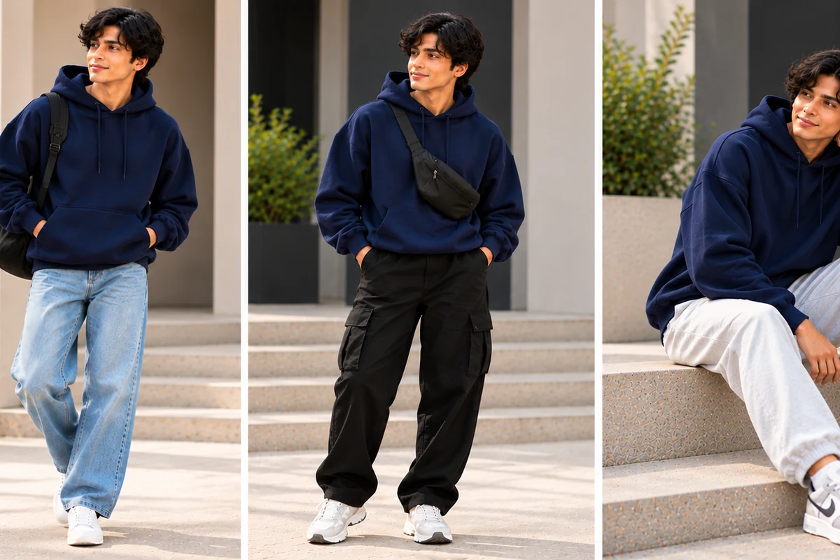 Three navy blue oversized hoodie outfits styled with denim, black cargos and grey joggers