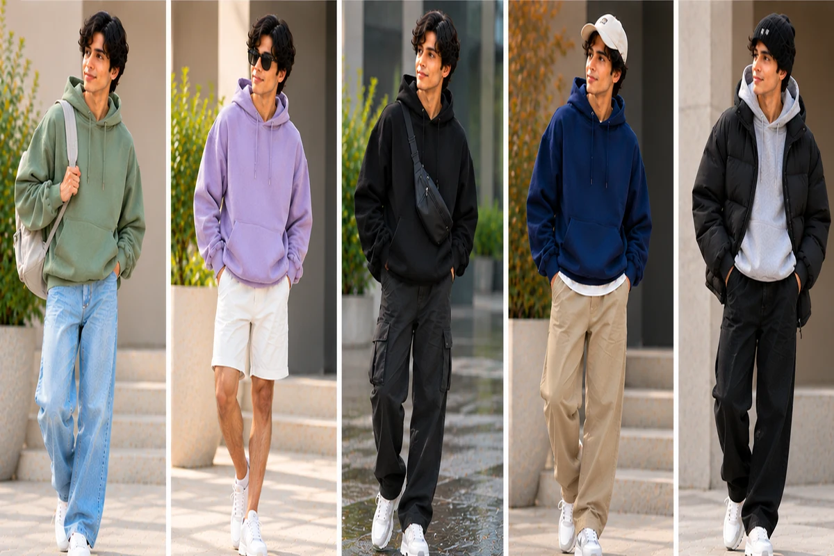 Five oversized hoodie looks styled for different seasons with jeans, shorts, cargos and layered jackets