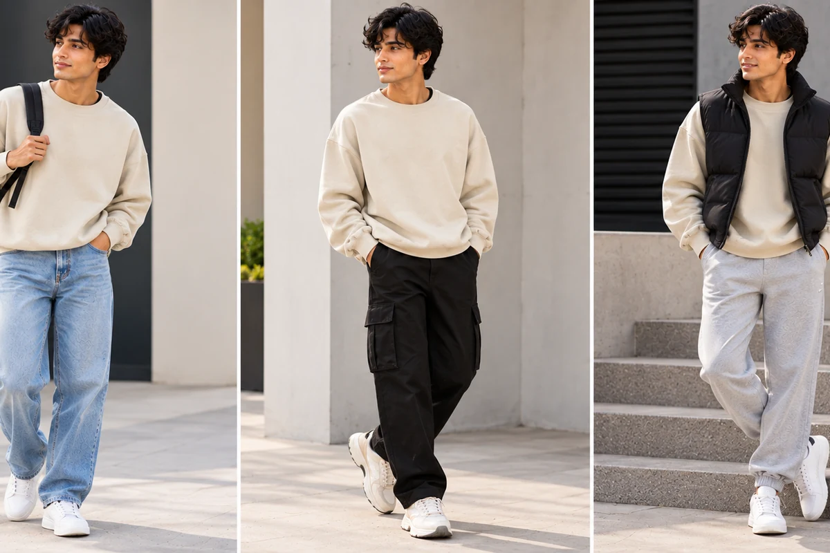 Oversized neutral top styled with light denim, black cargo trousers and relaxed joggers