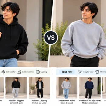 Fashion comparison of a black oversized hoodie and a grey crewneck sweatshirt with casual streetwear outfits