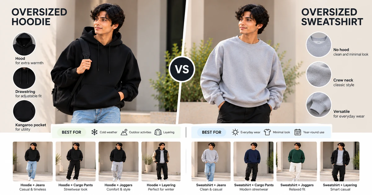 Fashion comparison of a black oversized hoodie and a grey crewneck sweatshirt with casual streetwear outfits
