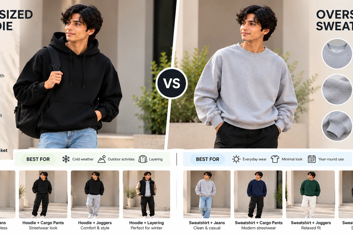 Comparison of oversized hoodie and crewneck sweatshirt outfits with jeans, cargo trousers and joggers