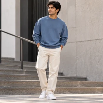 Man wearing a blue oversized sweatshirt with cream trousers and white sneakers on modern outdoor steps