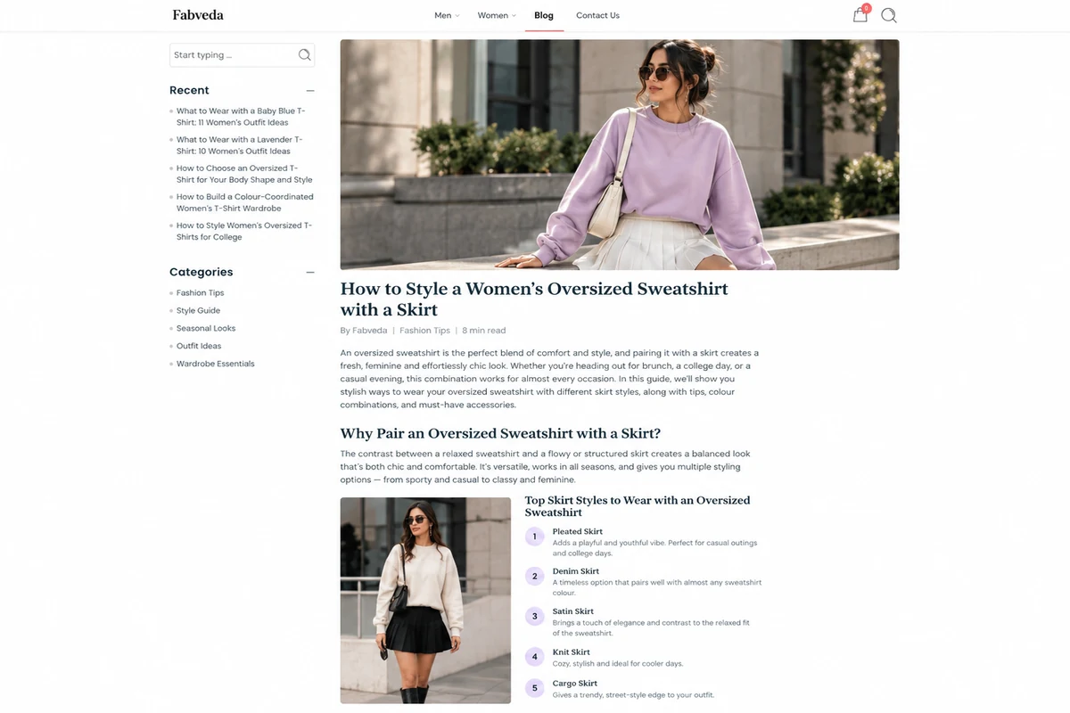 Fashion blog layout showing oversized sweatshirts paired with mini and midi skirts