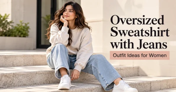 Woman wearing a cream oversized sweatshirt with light-wash jeans and white sneakers in a casual outdoor setting