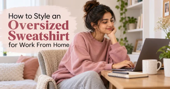 Woman wearing a dusty rose oversized sweatshirt and grey lounge pants while working on a laptop at a cozy home desk