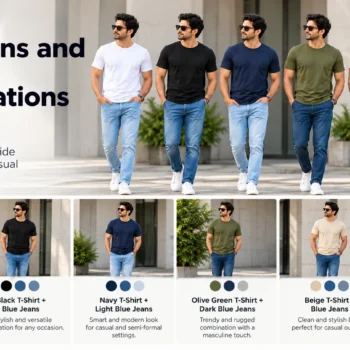 Men styling oversized T-shirts with blue jeans and neutral trousers in white, black, navy, olive, beige and maroon