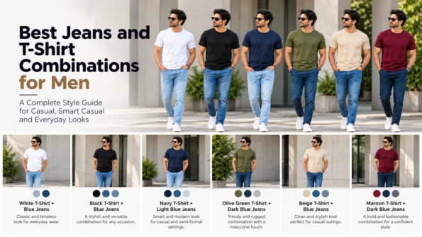 Men styling oversized T-shirts with blue jeans and neutral trousers in white, black, navy, olive, beige and maroon