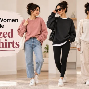Four petite-friendly oversized sweatshirt outfits with jeans, leggings, utility trousers and a skirt