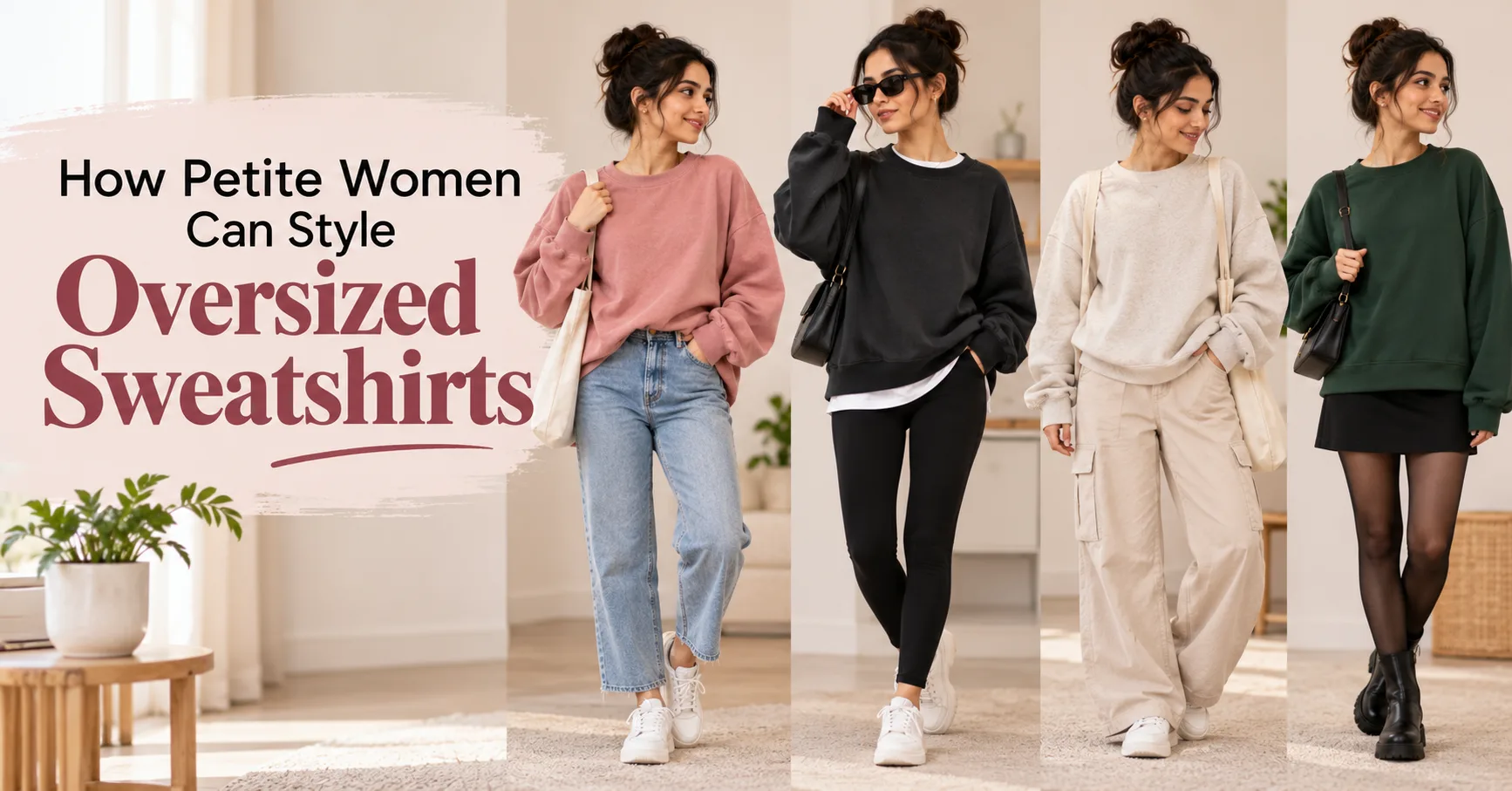 Four petite-friendly oversized sweatshirt outfits with jeans, leggings, utility trousers and a skirt